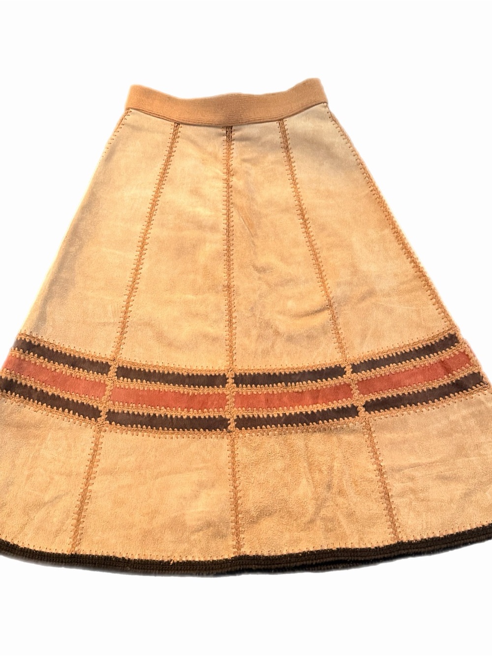 Vintage Leather Suede Midi Skirt with crochet panels - 1970s/60s